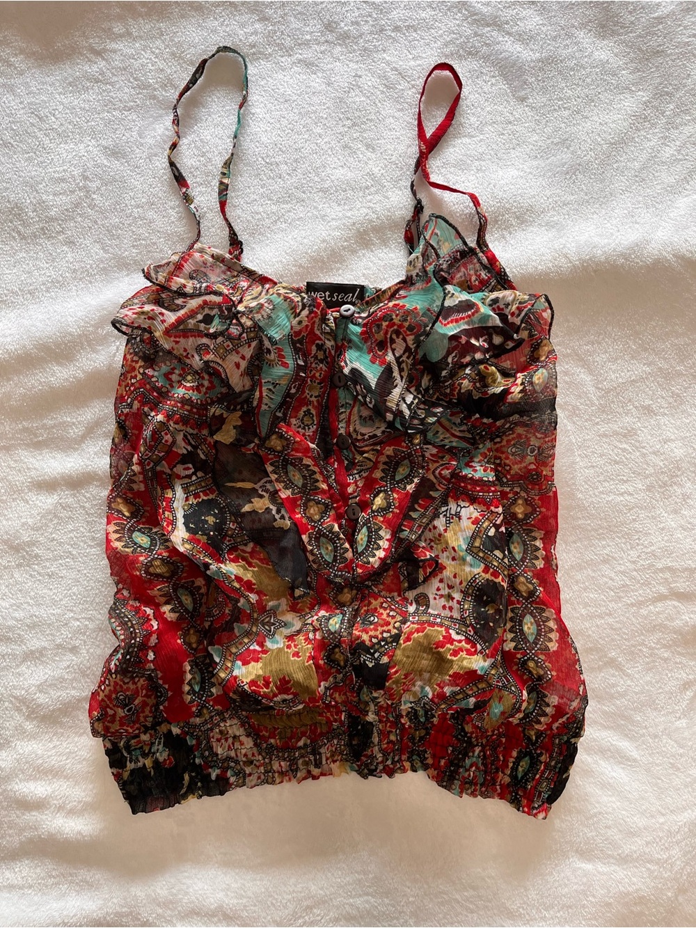 WET SEAL Boho Festival Print Smocked Waist Cami Tank Top Women’s Sz S EUC